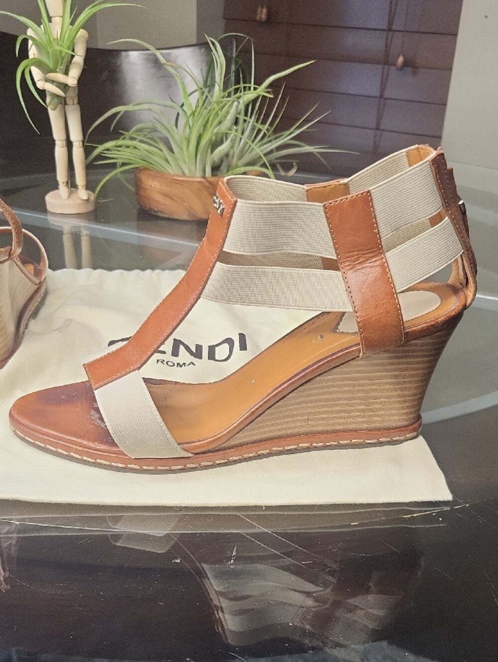 Fendi Brown & Cream Leather Wedge Sandals - Picture 7 of 11